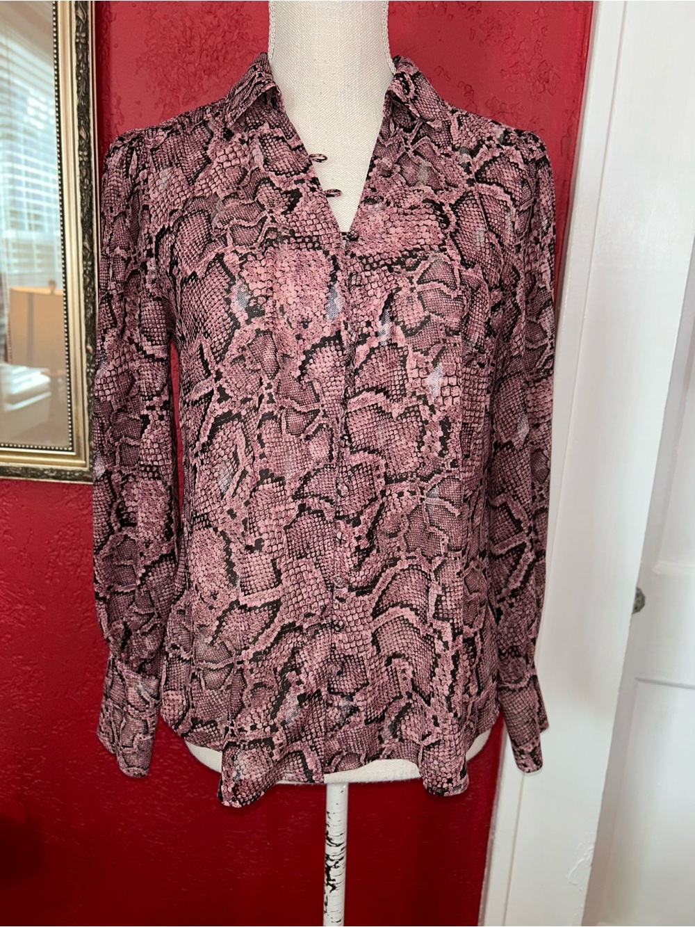 Womens Pink Snake-Print Long Sleeve sheer Blouse size small by 1.State